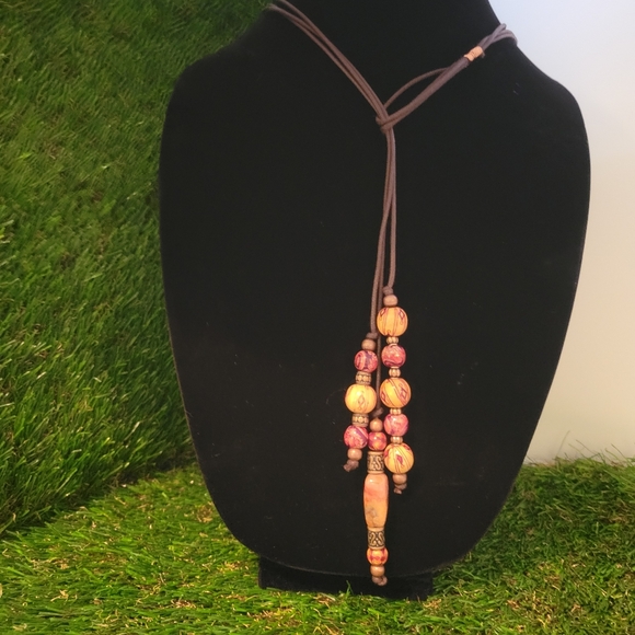 Carnelian & Painted Wood 3 Strand Y Necklace Clasp-Free Handmade Sacral Chakra - Picture 10 of 16